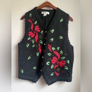Arriviste Christmas Cardigan Sweater Vest Embroidered Poinsettia Black Size M.
